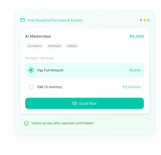 Course purchase dashboard with payment options, EMI plans, and instant access enrollment.